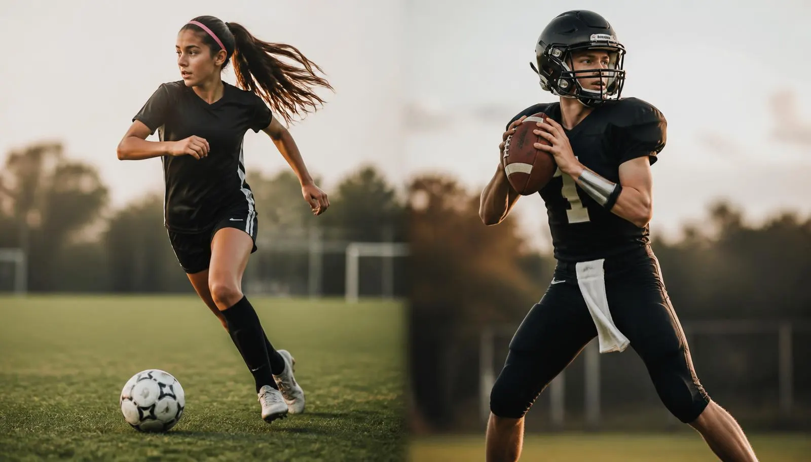Young soccer and football athletes competing
